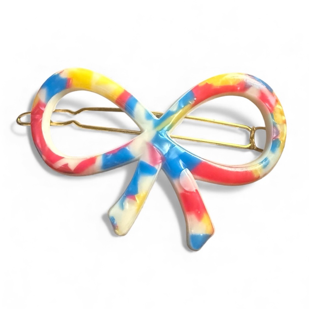 1960’s Vintage French Bow Barrette in Bright Pink Blue, Wire Clasp ,Unworn, 2.5”